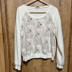 HUE Polar Bear Pattern Pullover Sweater Sweatshirt Soft Sherpa Sleeves Size XL
